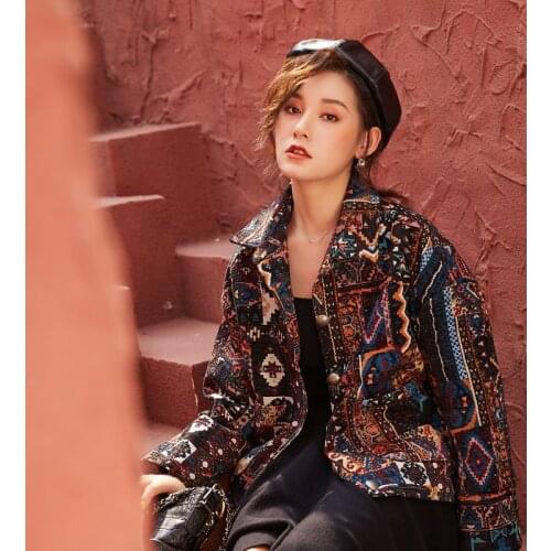 2020 Retro Short Jacket Spring Autumn Designer Long Sleeve Printed Ethnic Loose Lapel Top Coat For Women plus size