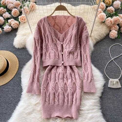 Autumn Winter Dress Suits Korean Fashion Casual Knitted Two Piece Set Women Crop Top Sweater Cardigan Coat + Dress 2 Piece Sets
