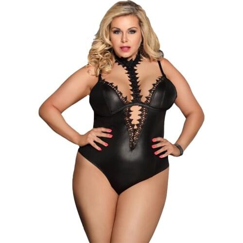 Lingerie Body Faux Leather Woman Sexy Bodysuit Underwear Sleeveless Choker Neck Sexy Teddy Lingerie Plus Size Sexy Pakjes R80663