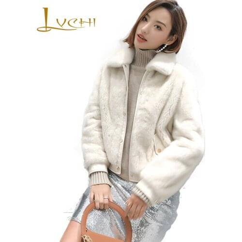 LVCHI 2019 Winter Import Velvet Mink Fur Coat Real Fur Coat Women Turn Down Collar Wool Leather Full Sleeve Short Mink Fur Coats
