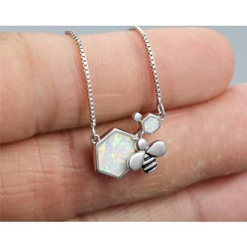 Charm Gold Silver Color Chain Necklace Cute Small Bee Wedding Necklace Luxury Female Blue White Opal Pendant Necklaces For Women