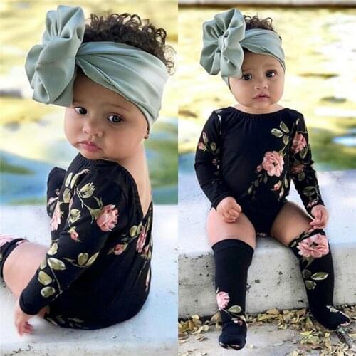 Toddler Baby Girl Summer clothes backless Geometry round neck Long Sleeve Bodysuit Flower print Stockings 2pc kids cotton outfit