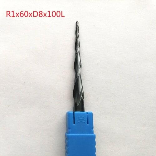2pcs/lot R1*D8*60*100L*2F HRC55 Tungsten solid carbide lengthen Tapered Ball Nose End Mills cone milling cutter wood lengthen