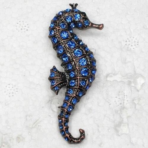 Antique copper Blue Rhinestone Seahorse Pin brooches C163 B3