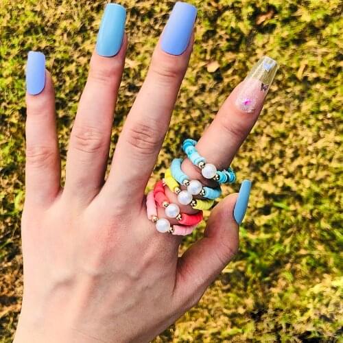 Bohemia Colorful Flat Polymer Clay Rings for Women Vintage Ethnic Handmade Soft Pottery Elastic Finger Ring Set Boho Jewelry