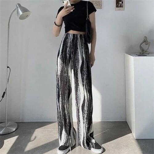 Full Length Pants Women Trendy Pleated Summer Soft High Waisted All-match Chic Ladies Trousers Vintage Print Leisure Womens Pant
