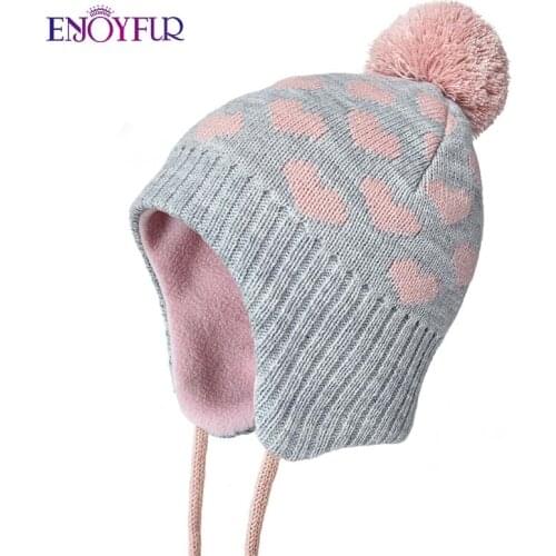 ENJOFUR winter childrens knit hats real fox fur pompom boys girls baby earflap bonnets cute warm outdoor ski kid beanies new