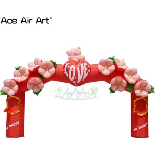 Red inflatable heart arch with bear and flowers decoration for wedding/event/valentines day