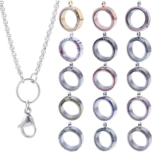 1pcs 30MM Stainless Steel Twist Waterproof Glass living Memory Locket with Colorful Rhinestones Necklace for 8mm Pearl