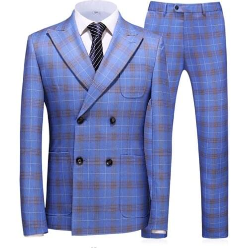 Double Breasted Men Suits 3 Pieces Plaid Casual Notched Lapel Groomsmen Grey/Navy Tuxedos for Wedding(Blazer+Vest+Pants)