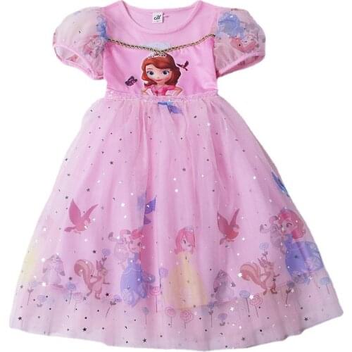 2021 summer new girls' round neck dress ice and snow Wonderland bubble sleeve Sophia short sleeve childrens Princess Dress