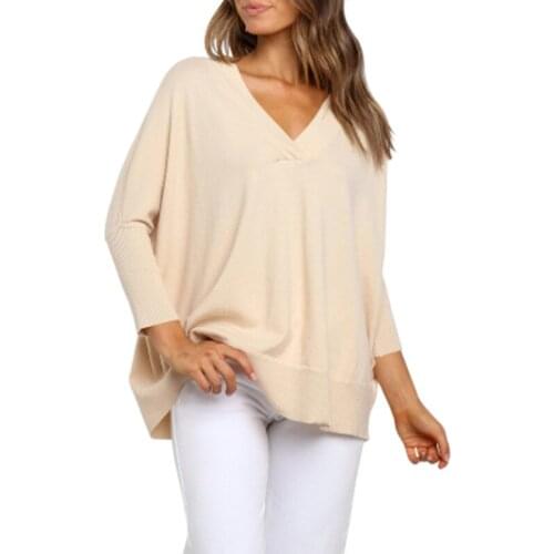 Autumn and Winter Knitted V-neck Sweater Solid Color Womens Long-sleeved Warm Sweater Loose Casual Ladies All-match Top