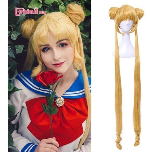 L-email wig Sailor Moon Cosplay Wigs Super Long Blonde Wigs with Buns Heat Resistant Synthetic Hair Cosplay Wig Halloween