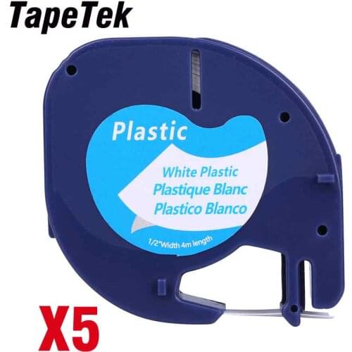 5 Compatible Black on White (12mm x 4m) Plastic Label Tapes for Dymo LetraTag QX 50, XR, XM, 2000, Plus Label Makers