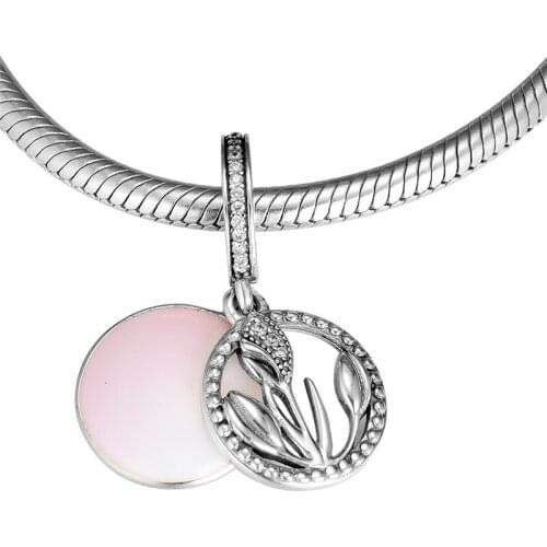 Pink Enamel Flower Pendant 925 Sterling Silver Charms for Snake Chain Bracelets DIY Crystal Charm Beads for Jewelry Making