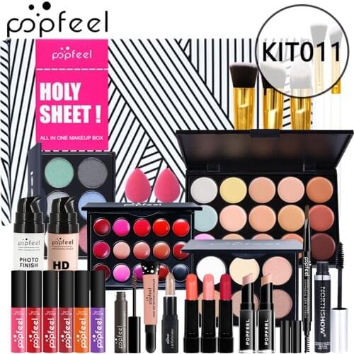POPFEEL 30 Piece Make-up Set Eyeshadow Lipstick Eyebrow Mascara Makeup Brush Powder Puff With Makeup Bag Full Starter Makeup Kit