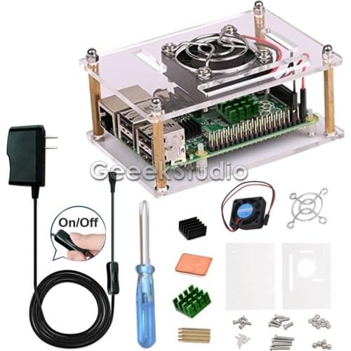 Acrylic Clear Case Enclosure Shell Kit with 5V2.5A Switch Power Supply & Cooling Fan & Heatsinks for Raspberry Pi 3 / 2 Model B