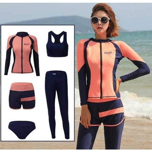 Womens Long Sleeve Zip-up Rashguard 5pcs Surf Swim Run Yoga Dive Sun UV Protection Suits Full Body with Bikini Activewears