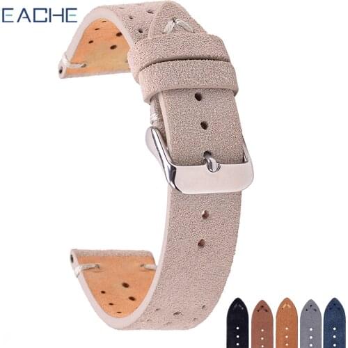 EACHE Suede Calfskin Leather Watch Strap For Man/Women Black Brown Blue Grey Beige