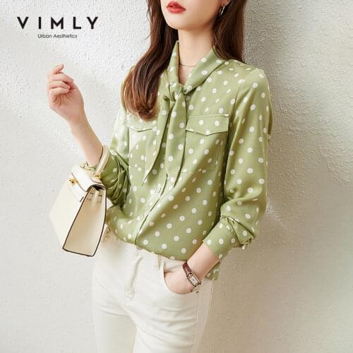 Vimly Spring Shirts For Women New Dot Printed Bow Single Breasted Loose Blouse Office Lady Vintage Female Tops F6212