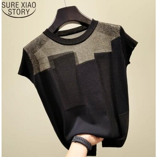 Korean Patchwork Ice Silk Knitted Tops Women Blusas Mujer De Moda 2021 Summer Short Sleeve Fashion Thin Blouse 8796 50