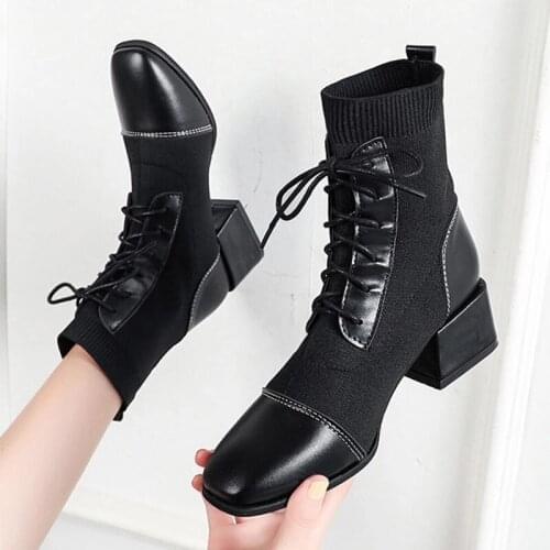 2021 Women Flock Ankle Boots Ladies PU Round Toe Modern Boots Ladies Lace Up Mid Heels Pumps Female Comfortable Shoes Plus Size