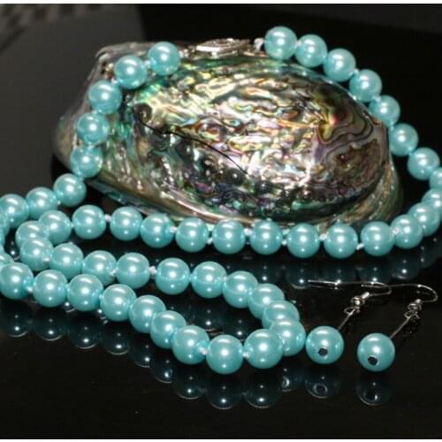 8mm sky blue chain necklace earrings for women simulated-pearl shell round beads fashion unique design jewelry 18inch B2362