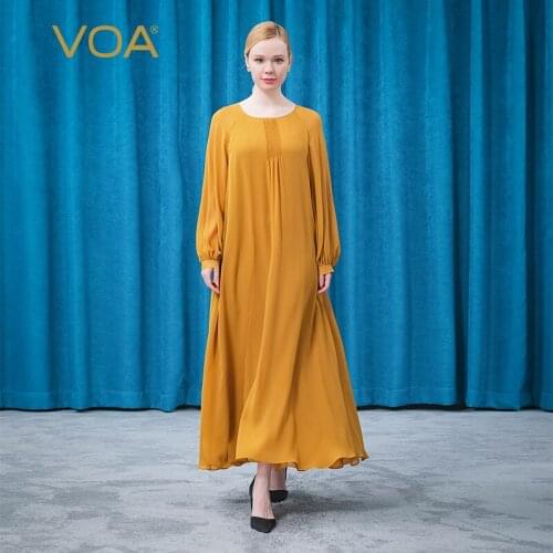 VOA Silk Georgette Round Collar Hollow Long Sleeve Fold Asymmetric Elegant Loose Refreshing Temperament Dress for Women AE923