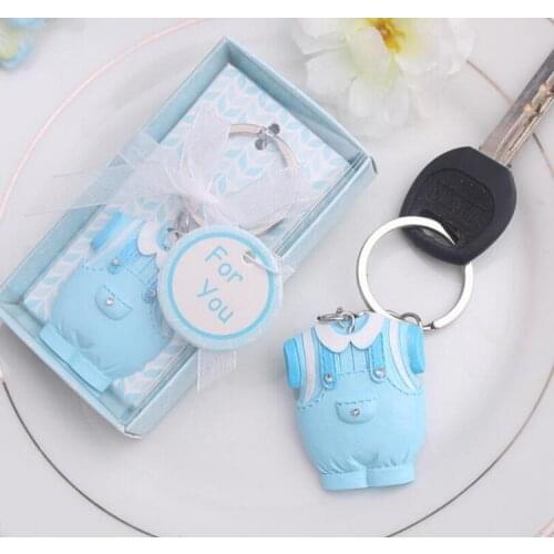 30pcs Baby Shower Favors Blue Clothes Design Keychain Baby Baptism Gift For Guest Birthday Party Souvenir