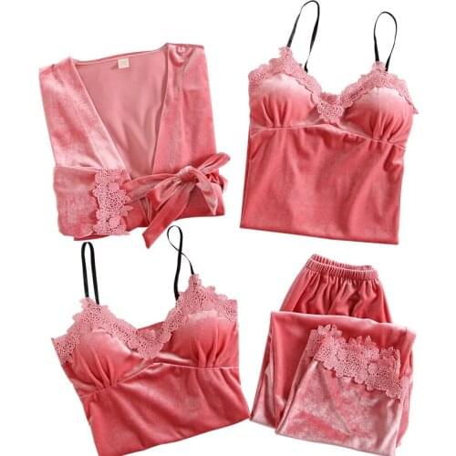 4 PCS Women Pajamas Set Sexy Gold Velvet Sleepwear for Women Long Sleeves Breathable Long Pant Robe Homewear Pant Gift for Women