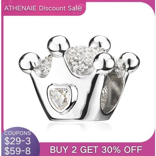 ATHENAIE Trendy 925 Sterling Silver Sparking CZ Royal Princess Crown Charms Beads Fit Women Bracelets Bangle DIY Jewelry