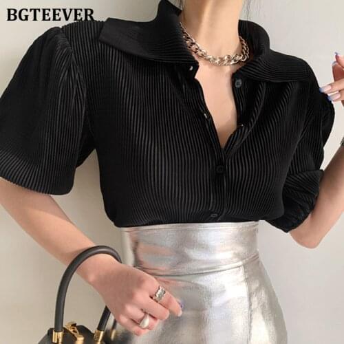 BGTEEVER Chic Elegant Turn-down Collar Ladies Solid Blouses Tops 2021 Summer Blusas Lantern Sleeve Female Single-breasted Shirts