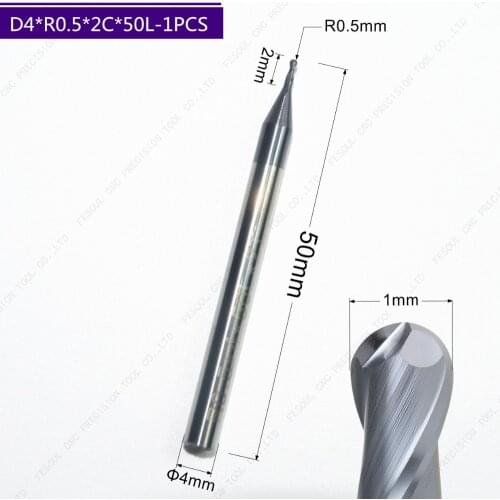 D4*R0.5*2C*50L-1PCS,Freeshipping HRC45 2 Flute ball nose CNC solid carbide end mill,Tungsten steel Tialn Coating milling cutter