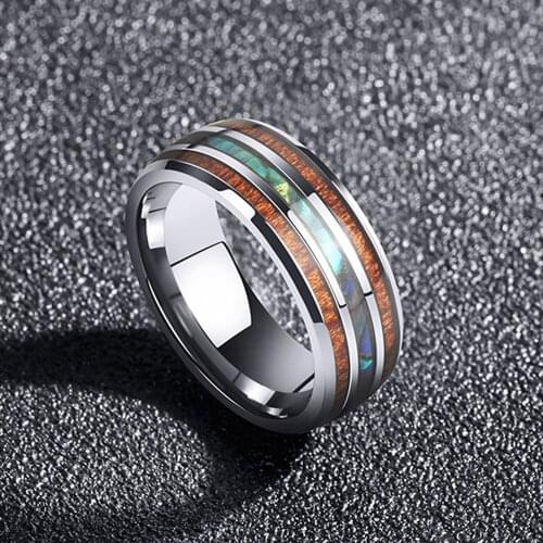 Garilina Fashion Jewelry 8 mm Titanium Steel Hawaiian Koa Wood Abalone Shell Tungsten Carbide Rings Mens Rings AR2301