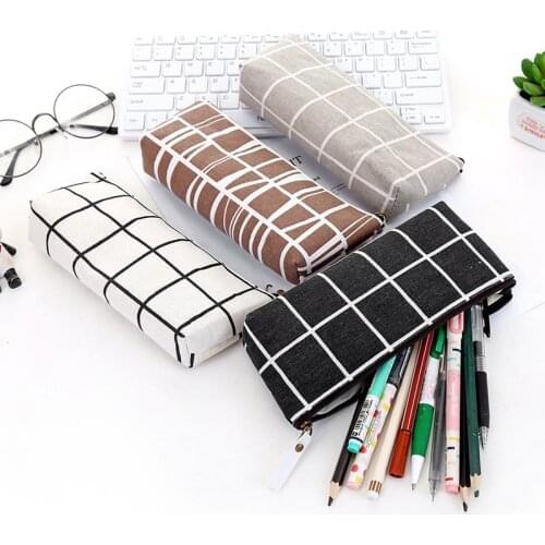 Canvas Geometric Pencil Bag Case School Simple Striped Grid Solid Color Cute Pencil Bag Case Pouch Office Students Kids Supplies