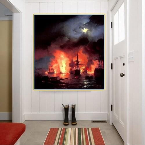 Citon Canvas Art Oil Painting Ivan Aivazovsky《The Battle of Chesma 》Artwork Poster Picture Modern Wall Decor Home Decoration