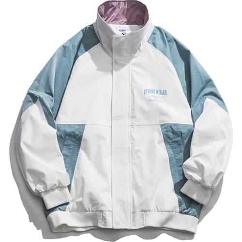 Casual jacket mens Japanese street loose contrast color stitching letters printed stand collar coat tide