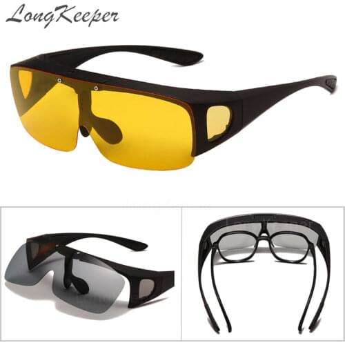 LongKeeper Square Polarized Night Vision Glasses Men Women Flip Up Driving Sunglasses Male Sport Glasses Cover Oculos Hombre