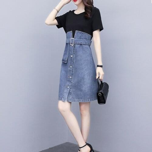 Summer Dress 2021 New Plus Size Korean Loose Denim Patchwork Sukienki Sashes Fashion Robes Vestidos De Mujer Casual 5XL A250
