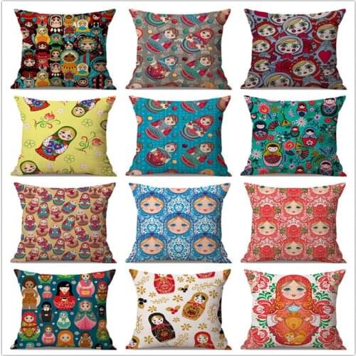Cute Moscow Souvenir Matryoshka Russian Doll Pattern Home Decoration Sofa Throw Pillow Case Russia Style Linen Cushion Cover