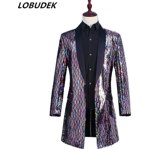 Men Colorful Sequins Windbreaker Long Coat Nightclub Punk Singer Hip-Hop Dancer Stage Costume Bar Host Prom Performance Blazer