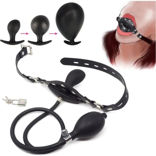Liquid Silicone Inflatable Penis Gag Open Mouth Plug Huge Dildo Pump SM Bondage PU Band Slave Oral Sex Stuffed Women Sex Toys