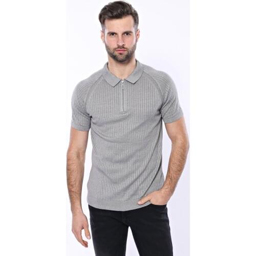 Polo Zippered Patterned Grey Knitted T-Shirt