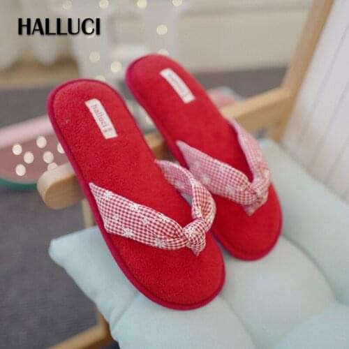 Sweet red bow-knotHome slippers woman shoes breathable cotton summer simple Bedroom non-slip floor slippers flip flops women