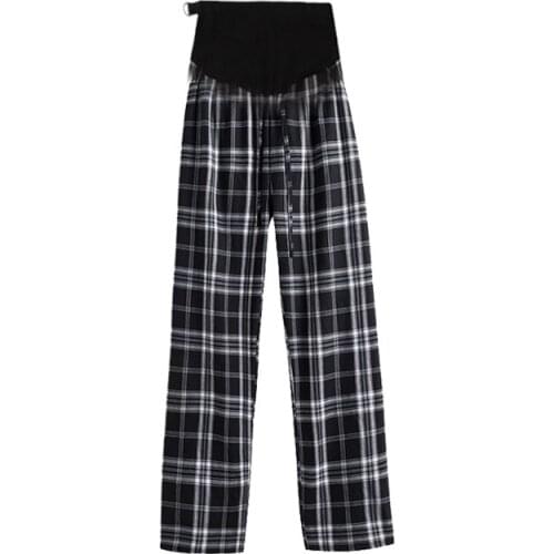 Pregnant womens wide-legged trousers spring and autumn wear black and white plaid loose wide leg tide mother fashion straight t