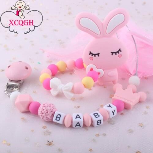 XCQGH Customized Baby Name Teething Baby Pacifier Clip Chain BPA Free Silicone Teether Toy for Newborn Baby Chew Nursing