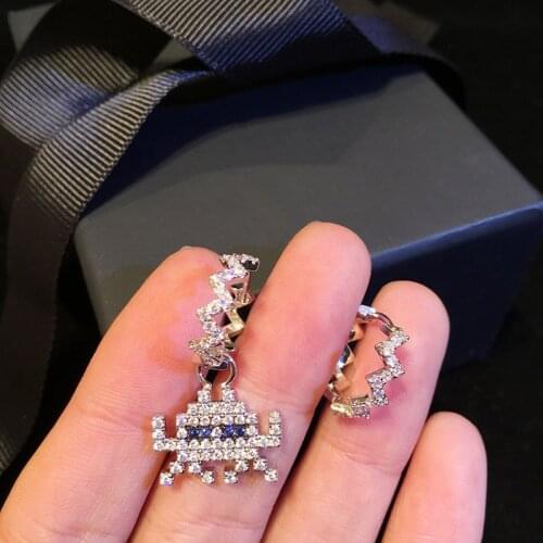 2019 Summer Asymmetric Vintage Pixel Game Little Monster Earrings Square Micro Cubic Zirconia Women Monaco Fashion Party Jewelry