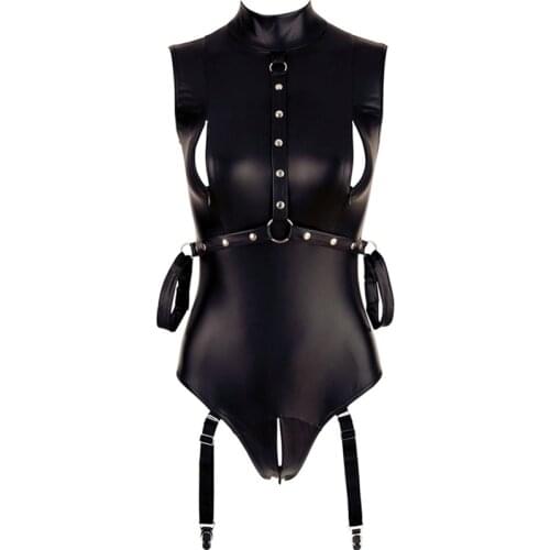 Ladies Pu Leather Bodysuits Sleeveless Mock Neck Turtleneck Bodysuit With Zip Black Sexy Costumes Sexy Bodysuit
