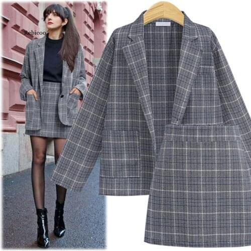 Ladies Suits Autumn and Winter Elegant Office Plaid Long-sleeved Single-breasted Pocket Suit Jacket + Skirt Suit