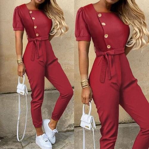 Spot New Popular European and American Womens Solid Loose Short Sleeve Square Neck Jumpsuit Om9301 Pants for Women